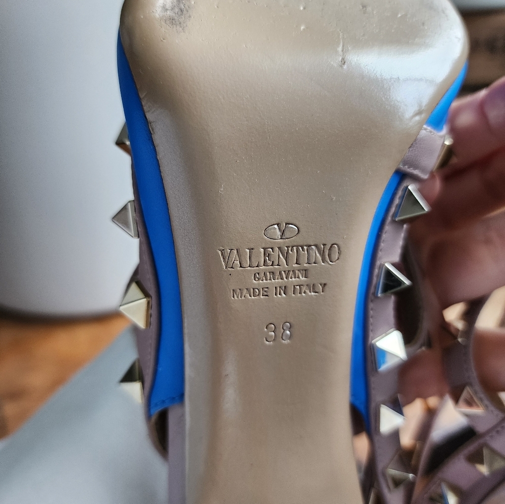 Valentino Rockstud T-Strap Blue Leather Heels - Picture 9 of 11